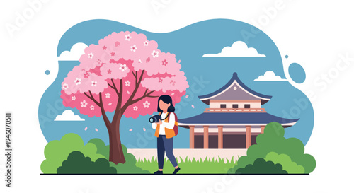 Young female tourist with camera enjoying cherry blossom season in Japan with castle background, colorful spring travel flat vector illustration ideal for tourism and festival promotion