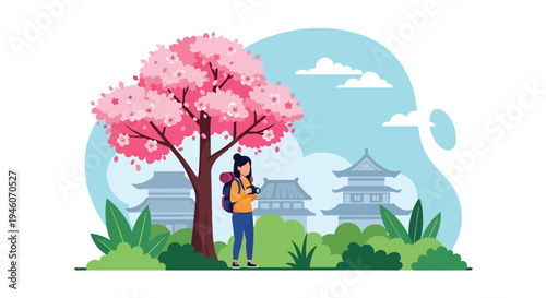 Young female tourist with camera enjoying cherry blossom season in Japan with castle background, colorful spring travel flat vector illustration ideal for tourism and festival promotion