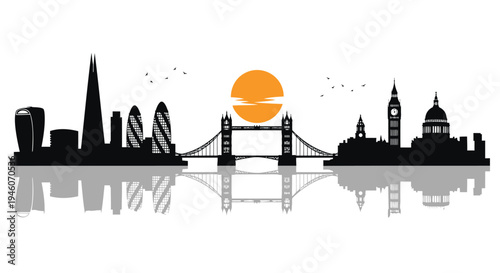 Vector silhouette of city skyline with iconic buildings and bridge at sunset