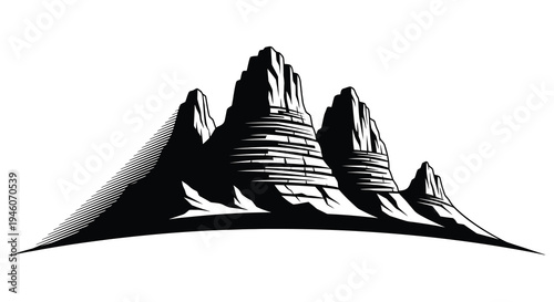 Stylized black and white illustration of jagged mountain peaks with linear shading