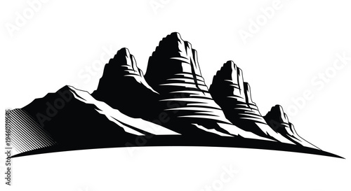 Stylized black and white illustration of jagged mountain peaks against a curved base
