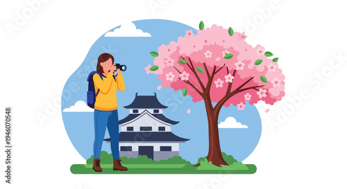 Young female tourist with camera enjoying cherry blossom season in Japan with castle background, colorful spring travel flat vector illustration ideal for tourism and festival promotion