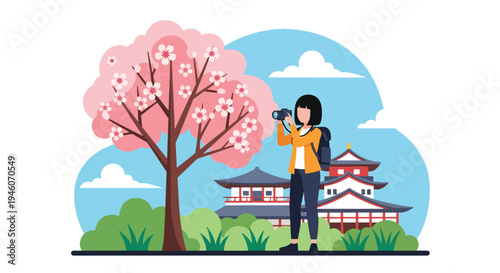 Young female tourist with camera enjoying cherry blossom season in Japan with castle background, colorful spring travel flat vector illustration ideal for tourism and festival promotion