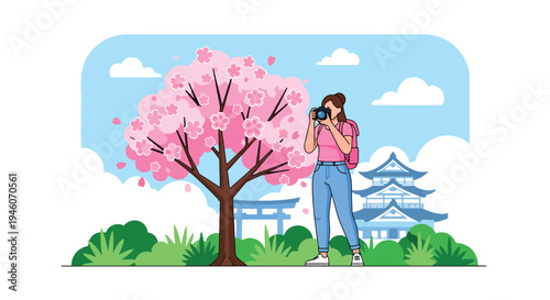 Young female tourist with camera enjoying cherry blossom season in Japan with castle background, colorful spring travel flat vector illustration ideal for tourism and festival promotion