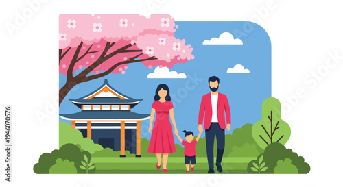 Happy family walking together under blooming cherry blossom tree in spring park, warm seasonal flat vector illustration ideal for parenting, holiday celebration and outdoor lifestyle themes