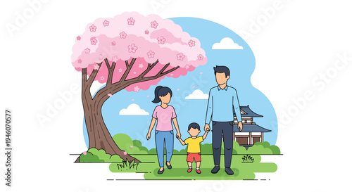 Happy family walking together under blooming cherry blossom tree in spring park, warm seasonal flat vector illustration ideal for parenting, holiday celebration and outdoor lifestyle themes