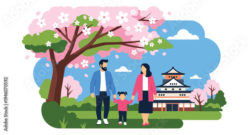 Happy family walking together under blooming cherry blossom tree in spring park, warm seasonal flat vector illustration ideal for parenting, holiday celebration and outdoor lifestyle themes
