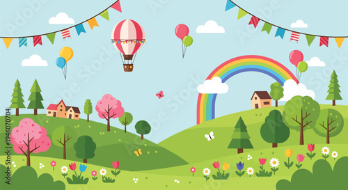 Colorful spring festival landscape with rainbow, hot air balloon, blooming flowers and village hills, cheerful seasonal flat vector banner ideal for holiday greeting and event promotion