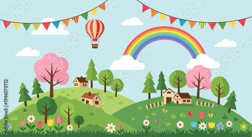 Colorful spring festival landscape with rainbow, hot air balloon, blooming flowers and village hills, cheerful seasonal flat vector banner ideal for holiday greeting and event promotion