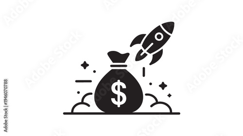 Money Bag Rocket Launch Icon for Financial Growth Investment Success and Startup Funding Concept