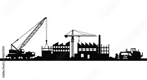 Vector silhouette of industrial construction site with cranes and buildings
