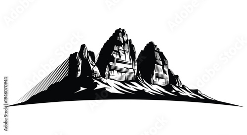 Dramatic mountain range illustration in a stark black and white woodcut style