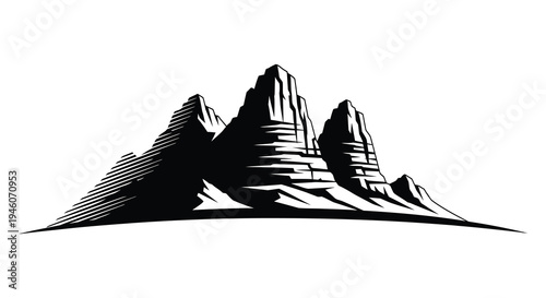 Stylized black and white illustration of jagged mountain peaks against a white background