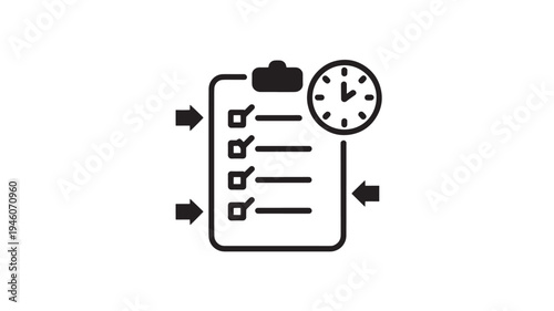 Checklist Clipboard Icon with Clock for Time Management, Task Planning and Productivity Workflow