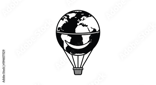 A black and white illustration of earth inside a hot air balloon