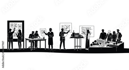 Set of business people presenting and working in office vector illustrations