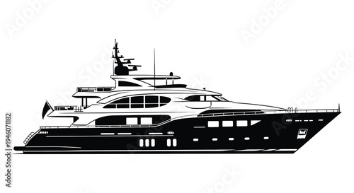 Sleek black and white illustration of a large luxury yacht on calm waters