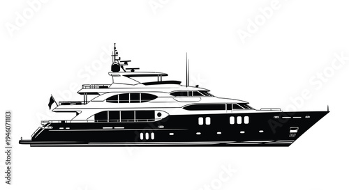 Elegant black and white illustration of a large modern luxury yacht at sea