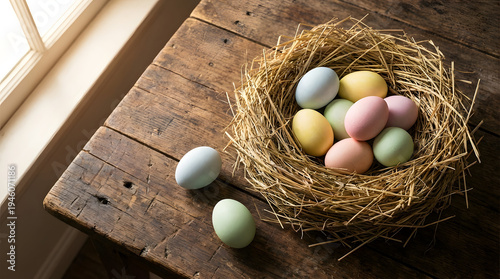 Easter celebration with colorful eggs in nest on wooden background spring holiday Happy Easter