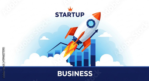 A vector graphic illustration of a rocket launching into the sky, symbolizing a successful startup business