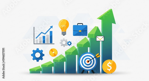 A colorful vector graphic illustrating business growth and success with various icons and symbols