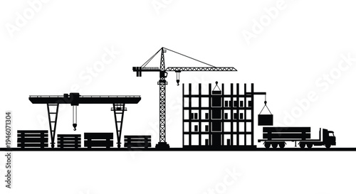Vector illustration of construction site with crane and building frame