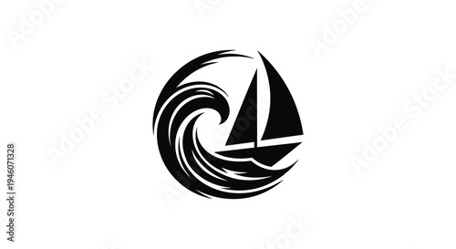 Black silhouette of a sailboat navigating through a swirling ocean wave