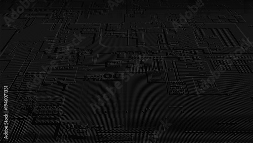 A technological vector background of thousands of glowing dots forms a complex circuit and electronic components reminiscent of a microchip or electronic circuit board.