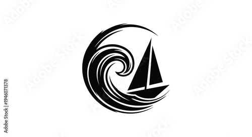 A minimalist black silhouette of a sailboat navigating a swirling wave