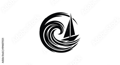 A black silhouette of a sailboat navigating through a swirling ocean wave