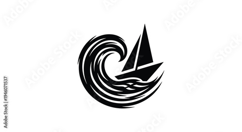 A stylized black and white image of a sailboat navigating a swirling ocean wave