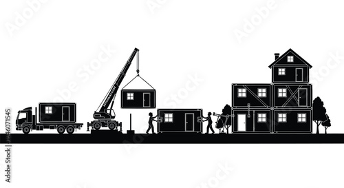Black silhouette construction site with house and crane vector