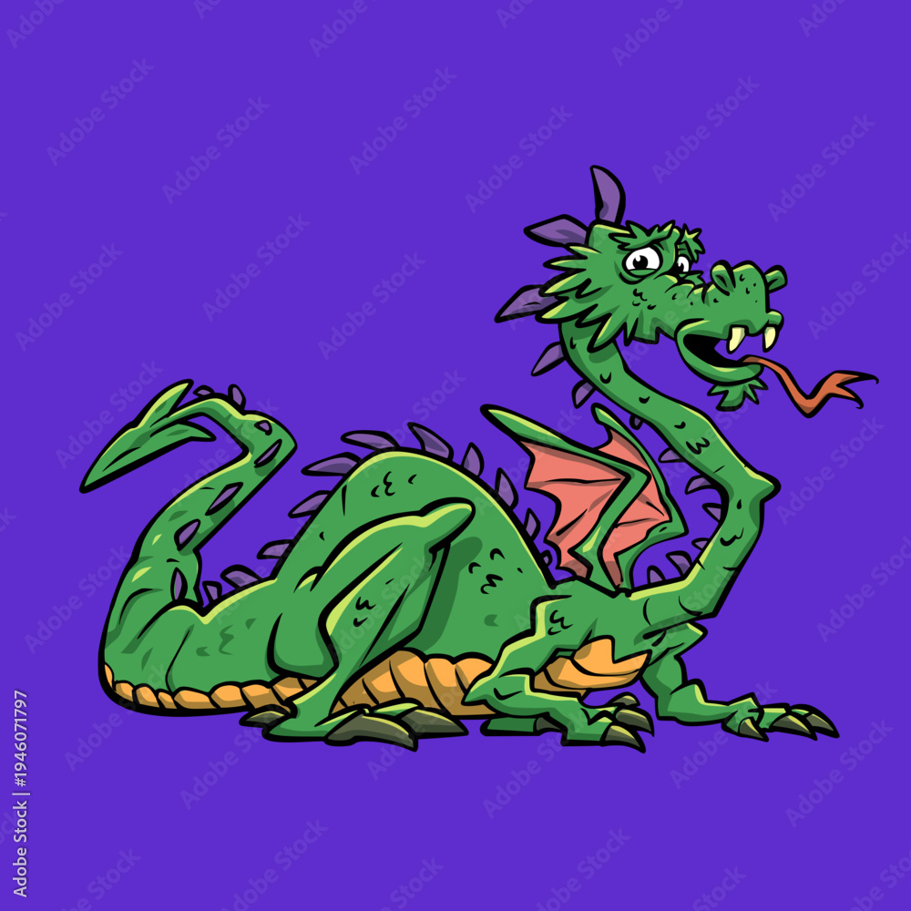 Obraz premium Side View Green Medieval Classic Dragon Cartoon Vector Illustration 