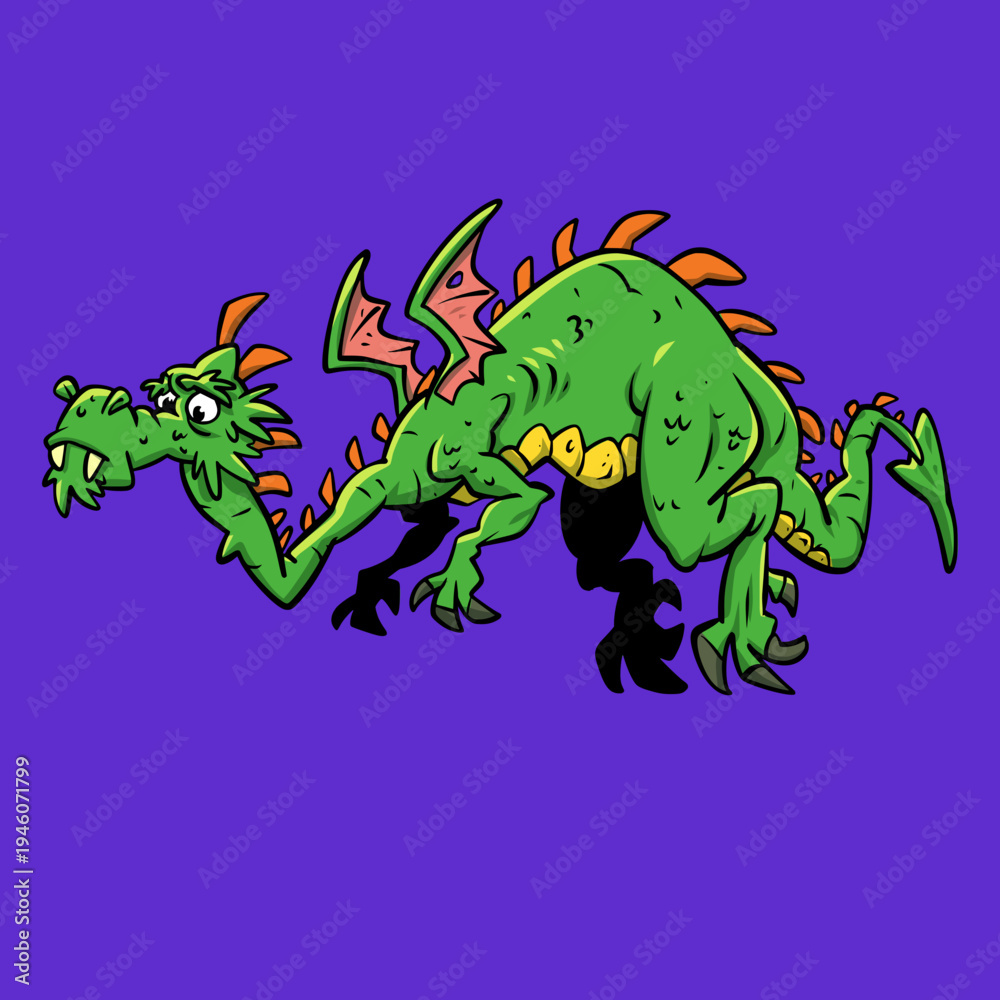 Fototapeta premium Flying Green Medieval Classic Dragon Cartoon Vector Illustration 