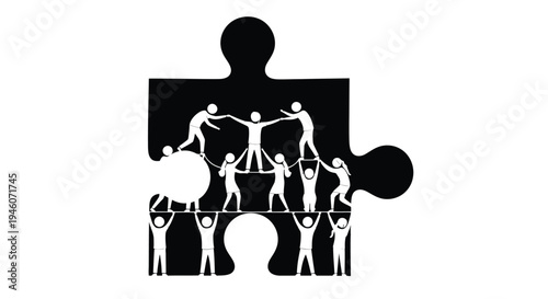 A black and white illustration showing people forming a puzzle piece symbolizing teamwork