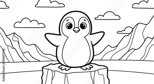 Cute penguin silhouette standing on a tree stump in mountains