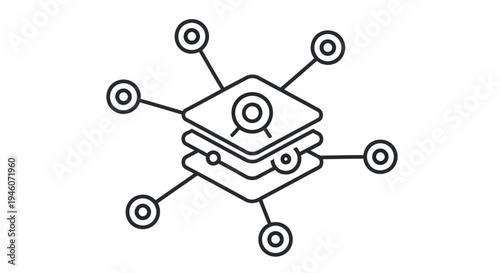 Stacked layers with connections and a magnifying glass symbol vector illustration