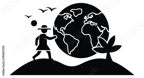 Silhouette of a person pushing a globe with birds and a small tree