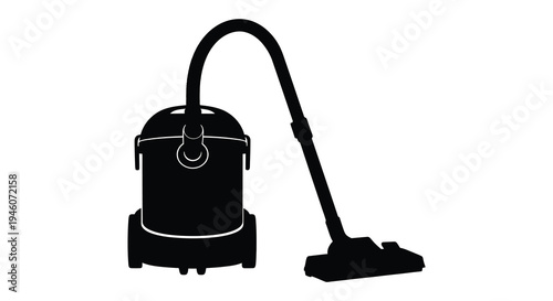 A black silhouette of a classic canister vacuum cleaner with a hose and floor nozzle