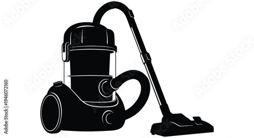 Black and white silhouette of a classic upright vacuum cleaner on a white background
