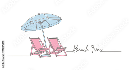 Vector illustration of 2 pink beach chairs and blue umbrella