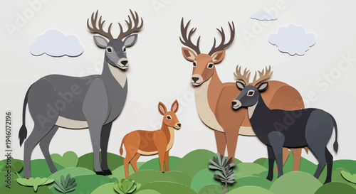 A family of deer stands together in a green meadow under a cloudy sky.
