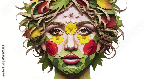 Artistic face mosaic featuring natural elements like flowers and leaves.