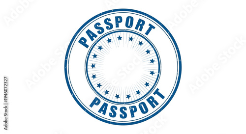 Blue circular passport stamp with stars and the word passport repeated