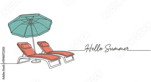 Vector illustration of 2 beach chairs and umbrella with 'Hello Summer' text