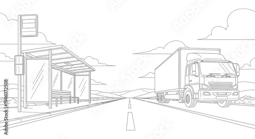 Line art depiction of a highway scene with a truck and bus stop