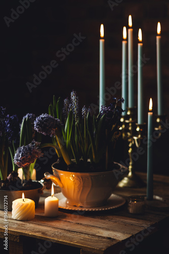 Floral cozy home decor for Easter holiday celebration. Fresh blooming spring hyacinth flowers. Beautiful house interior design, seasonal decoration