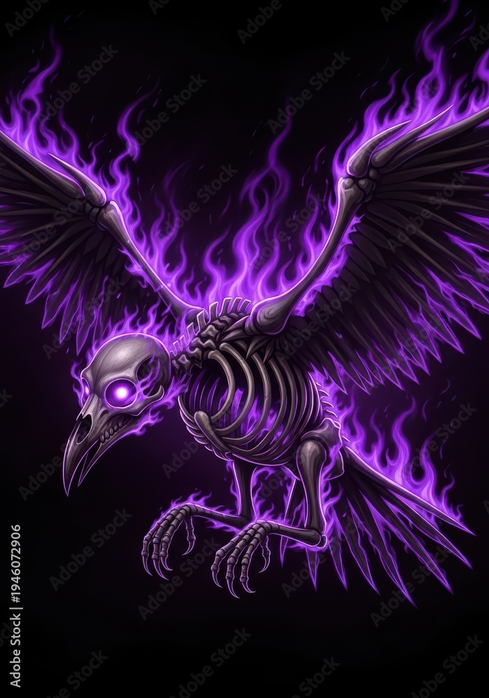 Naklejka premium Skeletal winged creature engulfed in vibrant purple ethereal flames against a dark background
