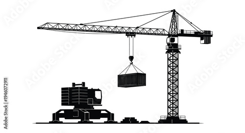 Black and white silhouette of a construction crane and heavy machinery