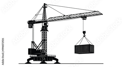 Black and white illustration of a large construction crane lifting a shipping container